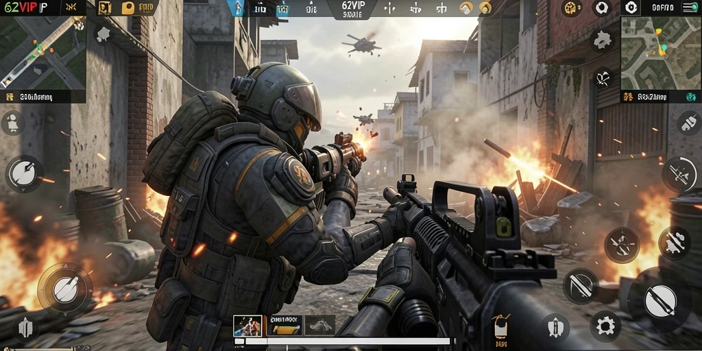 Gameplay seru dalam 62VIP dengan aksi tembak-menembak yang intens.