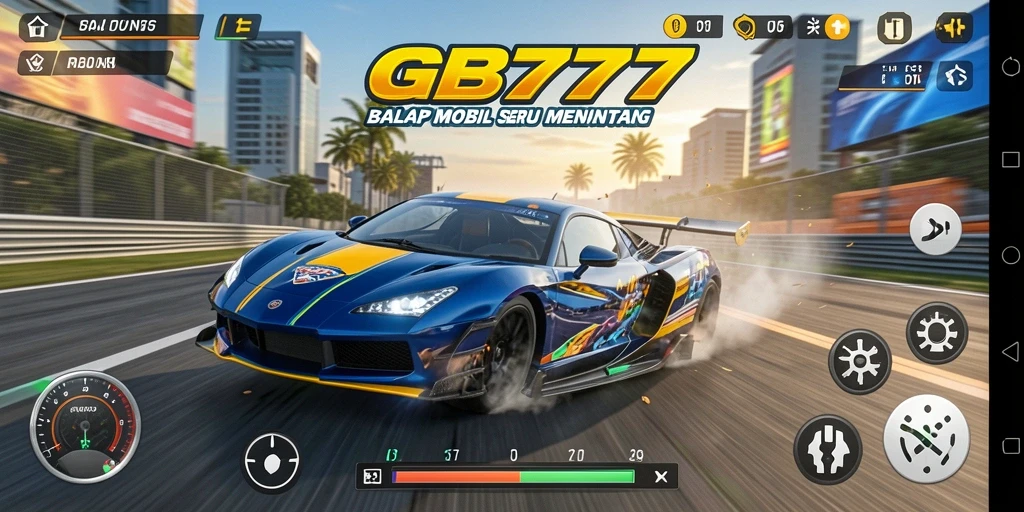 Tangkapan layar gameplay GB777 menampilkan balap mobil yang seru.