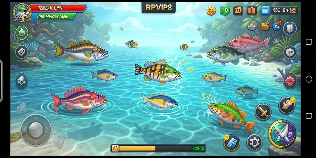 Tampilan gameplay seru RPVIP8 dengan aksi menembak ikan.